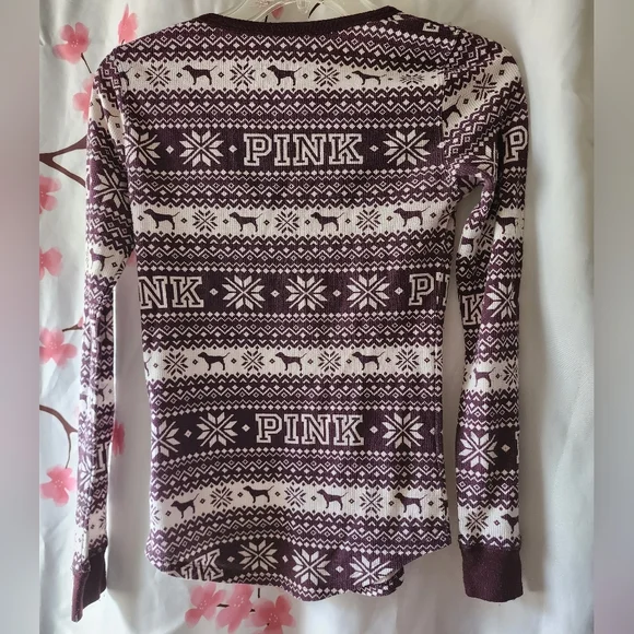 Victoria's Secret PINK Thermal Holiday Dog Logo Burgundy Long Sleeve PJ Size XS - Picture 4 of 4